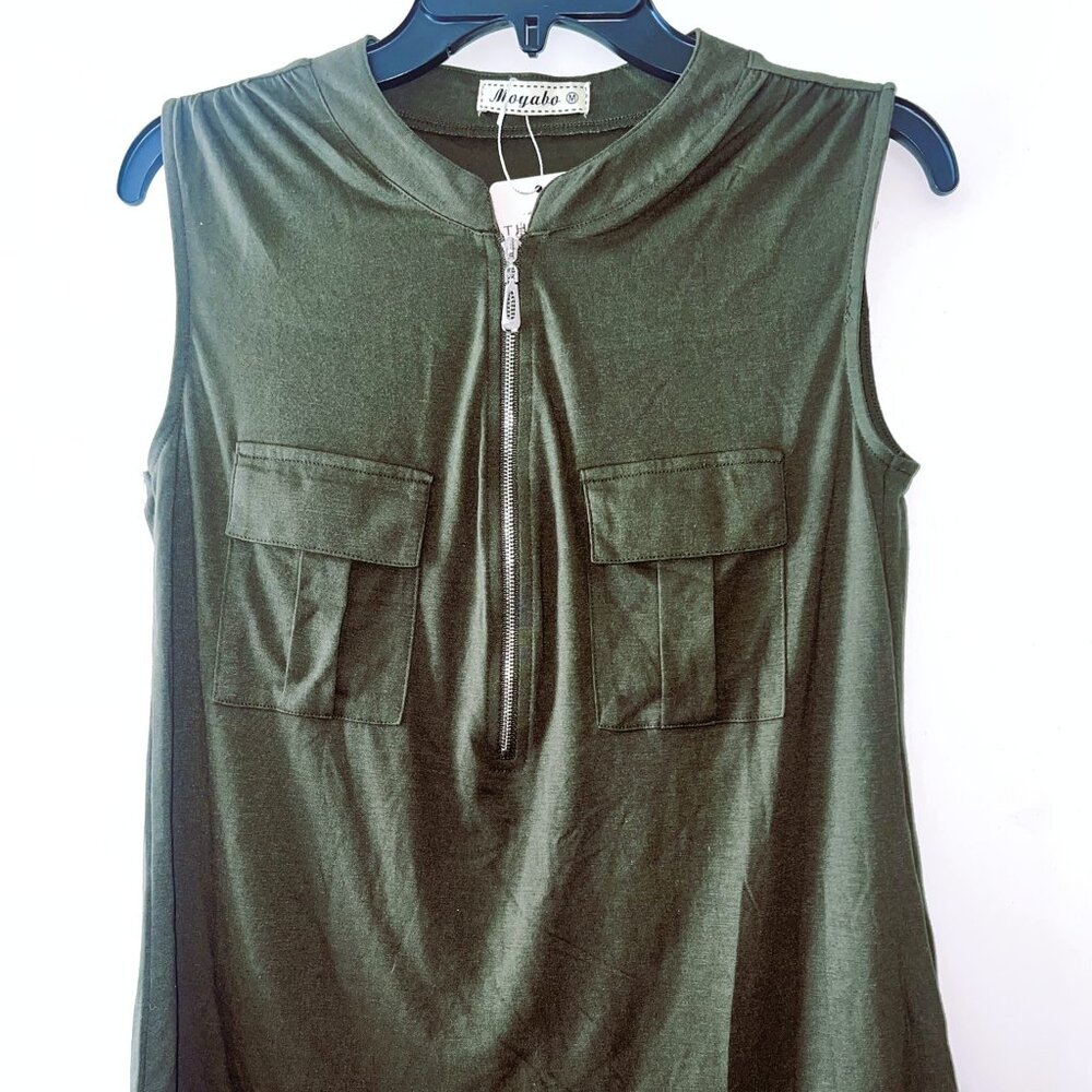 Moyabo Sleeveless Top Half-Zip Front With Pockets Women's Medium NWT